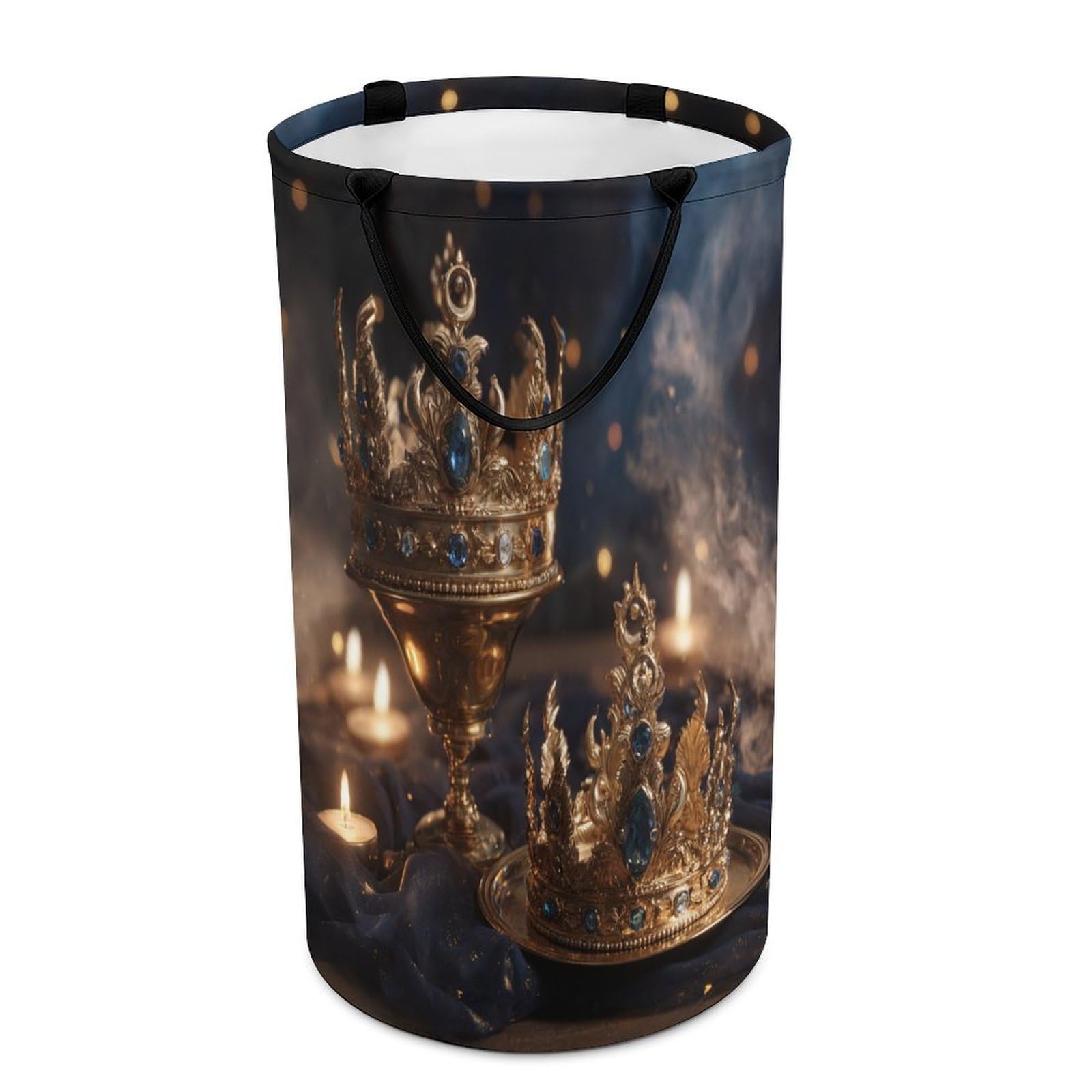 LUYYSKY Elegant Classic Crystal Crown Versatile Storage Laundry Basket, Retro Realistic Sun Moon Crown Couple Pattern Large Bathroom Laundry Hamper With Handle-40 CM Dia, 69 CM High