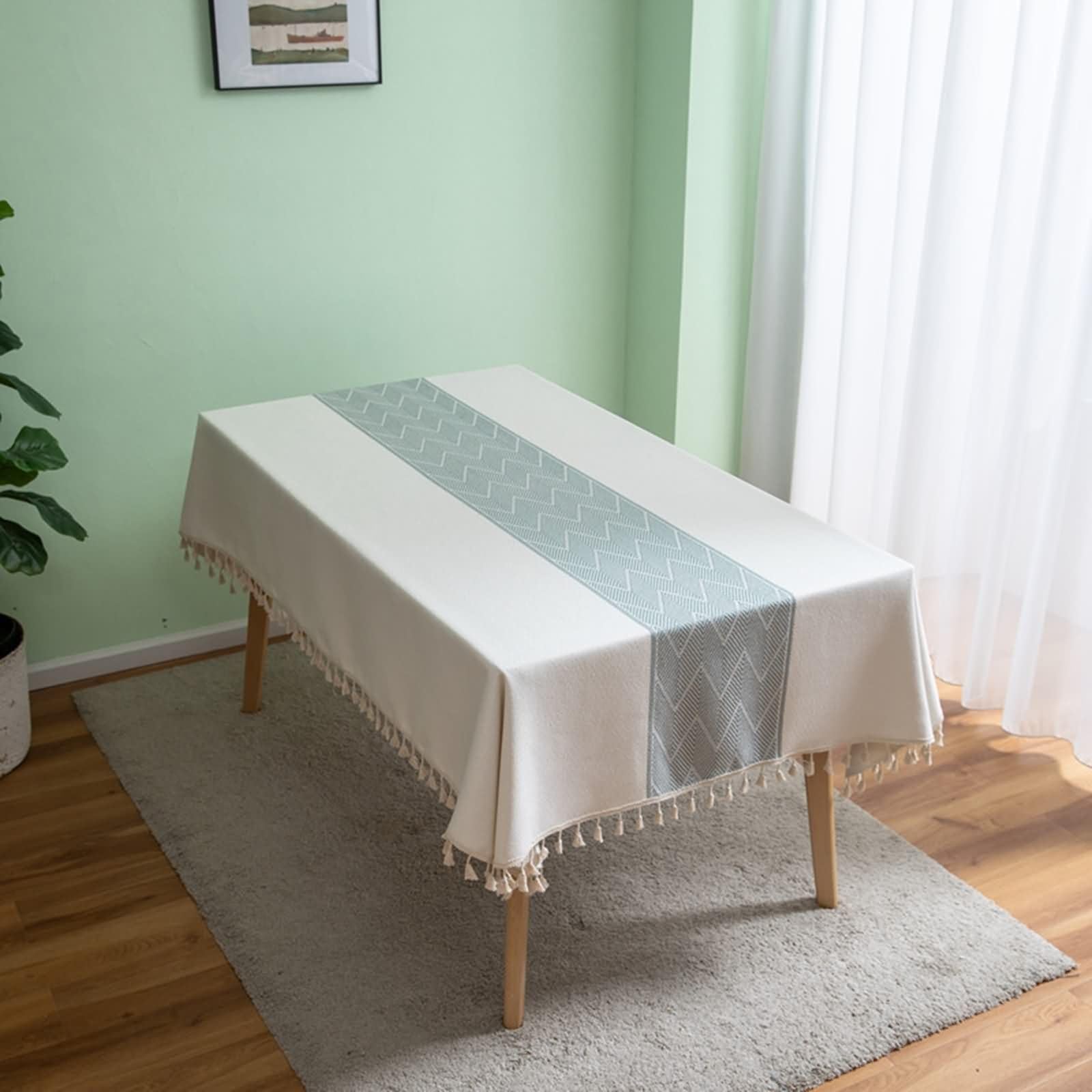Mantel Rectangular Blanco Decorativo, Empalme de Rayas Onduladas con Borlas, de Poliéster y Algodón Suave, 140 x 160 cm, Mantel para Jardín