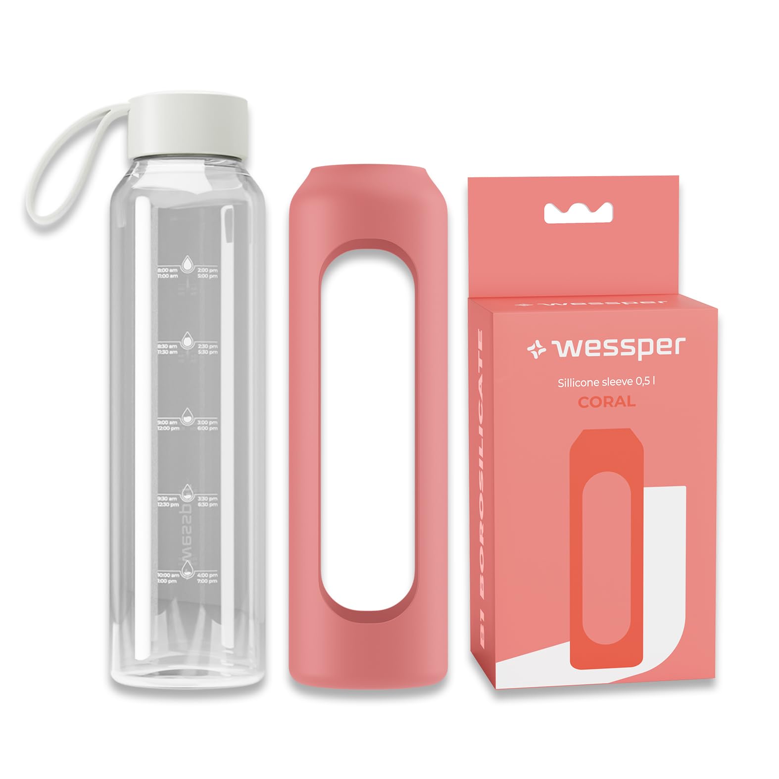 Wessper Glass Water Bottle 500ml with Silicone Sleeve, Borosilicate Glass, Time Marker, BPA-Free, Reusable Sports Bottle for Gym, School, Office – Coral