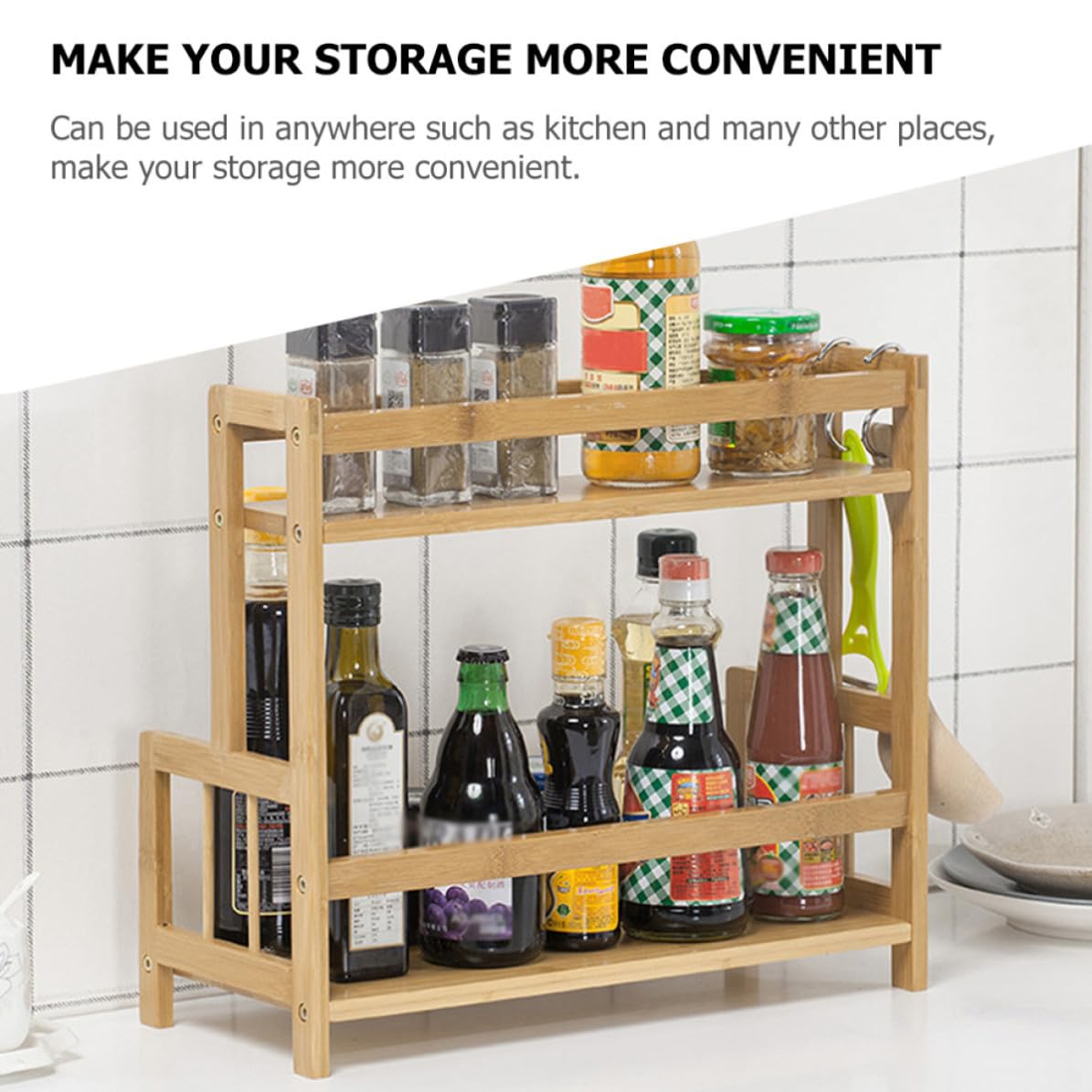 ABOOFAN Organizador de Especias Almacenamiento y Optimización de Espacio de 2 Niveles de Bambú Rejilla para Condimentos para Cocina Adecuado Lugar
