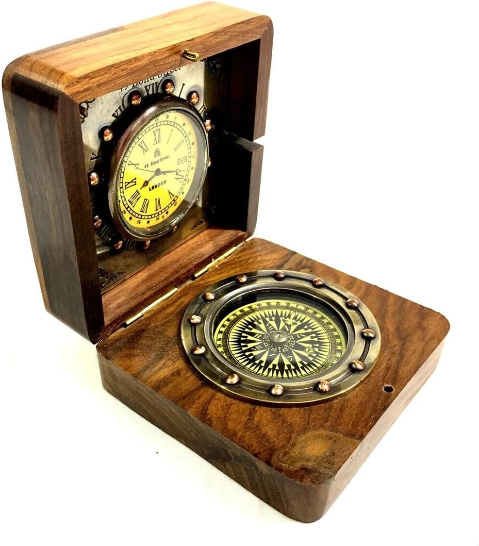Authentic Wooden Vintage style Clock-Compass in Rose Wood Box Table Desktop Clocks Bedside Wedding Baptism Gift for Him/Her unique gift Brass compass - clock Fitted in wooden box Sundial GIFT