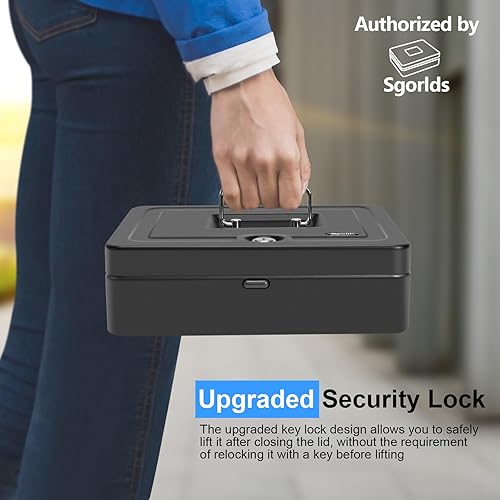 Miniatura 7 de Polspag Caja de efectivo con cerradura y 2 llaves, caja de dinero de metal con bandeja para efectivo, caja fuerte con cerradura, 4 ranuras para