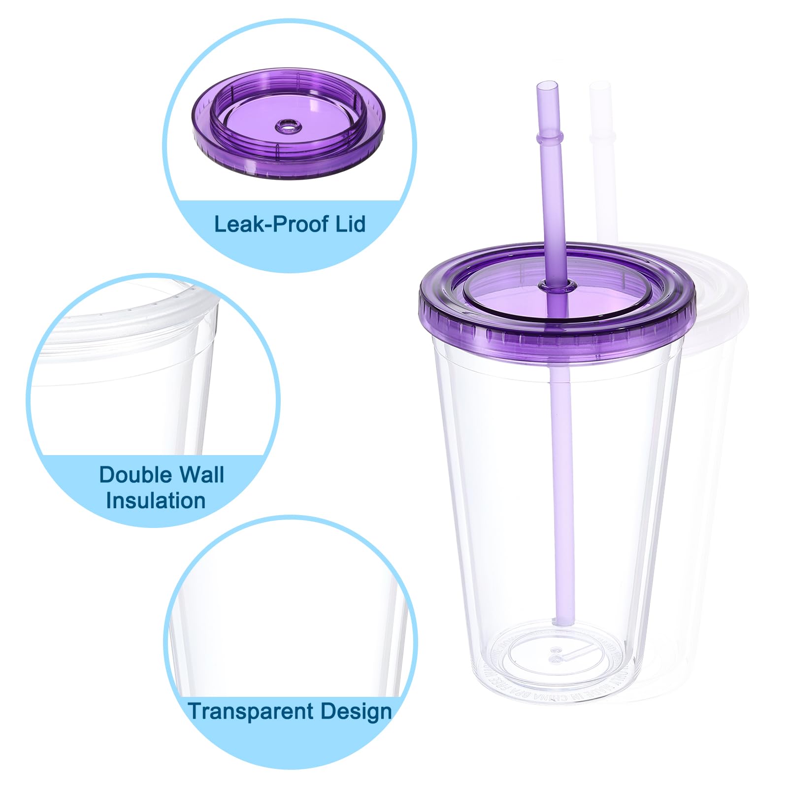 uxcell Gobelet en acrylique avec couvercle et paille – Gobelets réutilisables à double paroi pour café glacé – Gobelets de voyage transparents pour cadeaux d'anniversaire, 473 ml (violet)