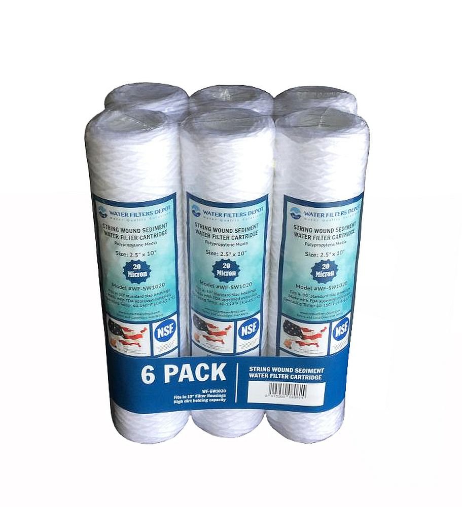 WFD, WF-SW1020 Sediment-Wasserfilterkartusche, 6,3 x 25,4 cm, 20 Mikron, passt in 25,4 cm Standard-Gehäuse von RO- oder Filtersystemen (6 Stück, 20 Mikron)