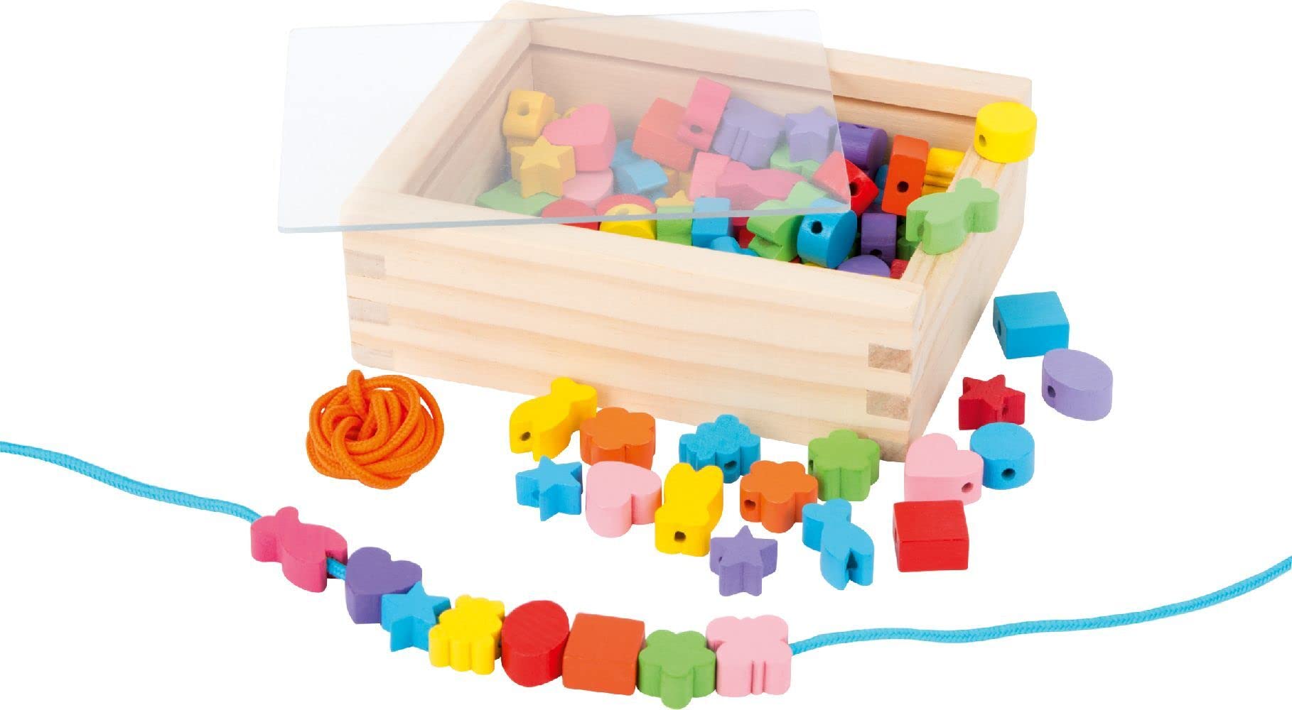 7594 Inserto creativo small foot, con perline di legno in molti colori e forme, nastri inclusi, a partire da 3 anni.
