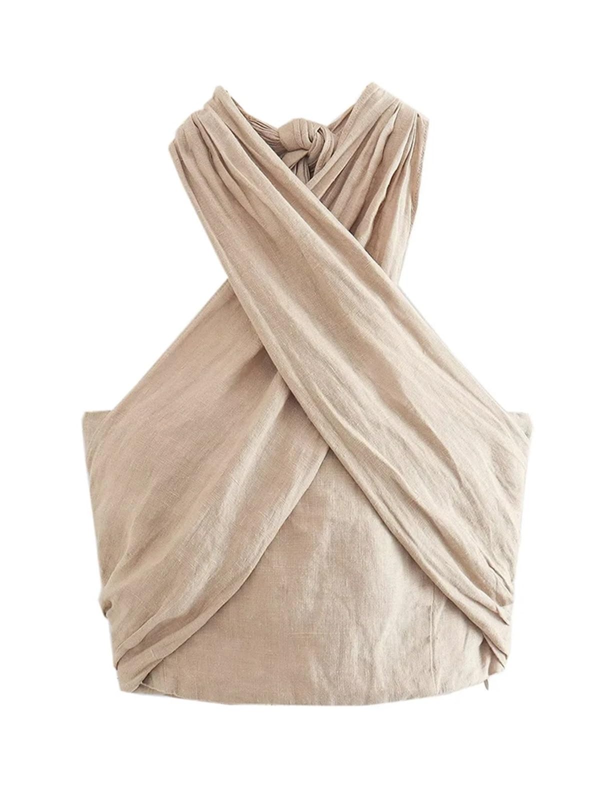 Top Aderente Lacci Incrociati Top in Lino Senza Schienale | Donne sexy estate Cro