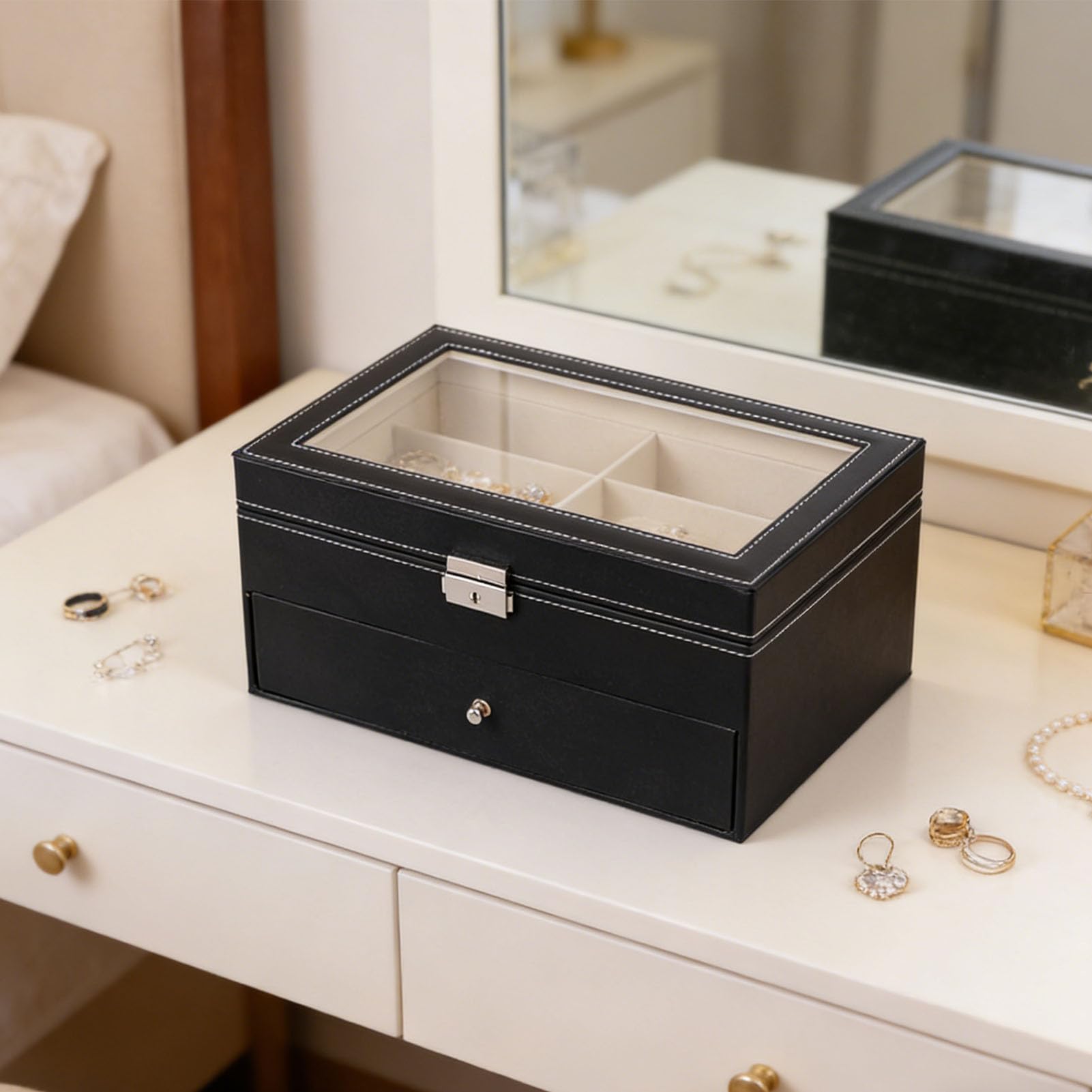 Sonnenbrillen-Vitrine aus PU-Leder, Eleganter Verschließbarer Organizer für Brillen- und Schmuckaufbewahrung mit 12 Fächern