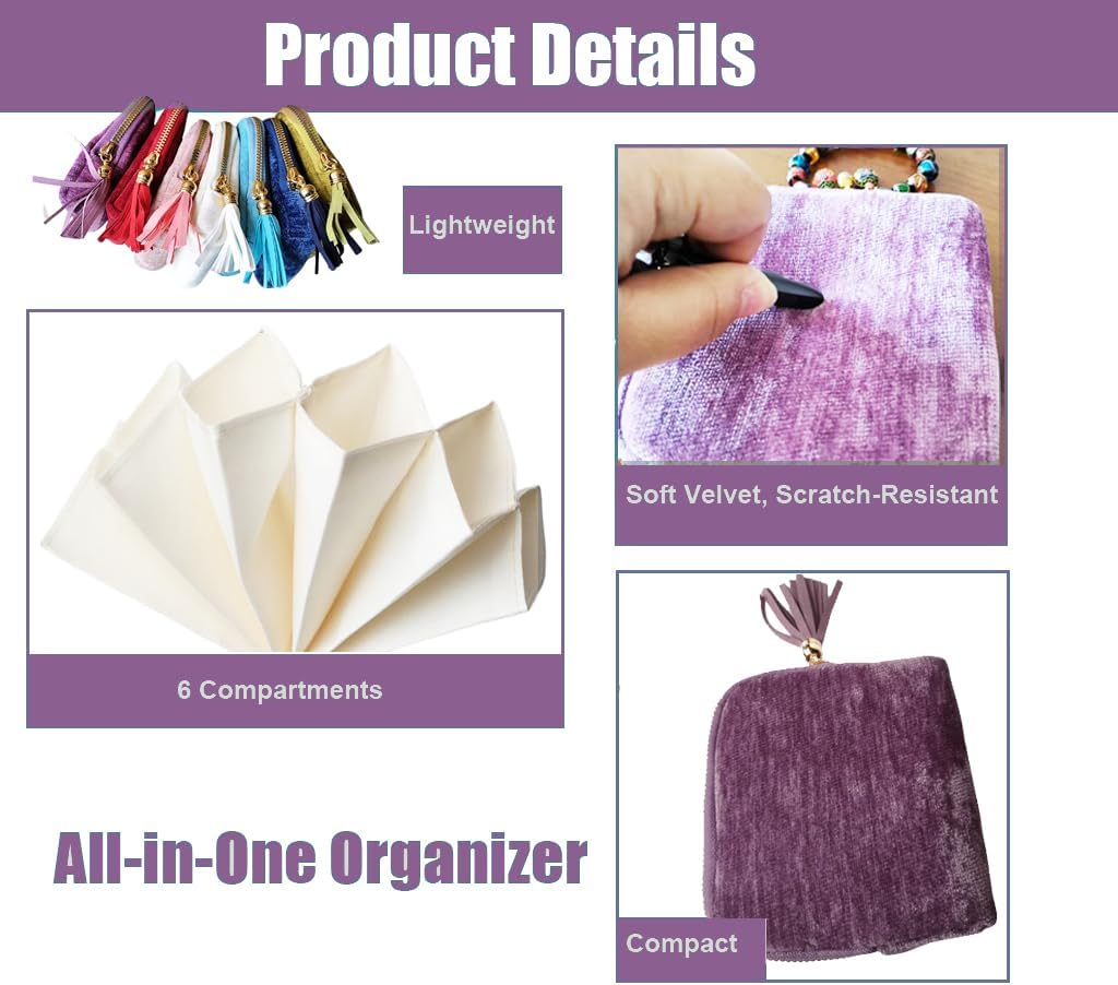 Travel Jewelry Case Soft Velvet Organizer Pouch 6 Layer Zipper Portable Jewelry Bag for Bracelet Rings Earrings Necklace Bangle Tangle-Free Storage Mini Travel Case Women Gifts-Purple