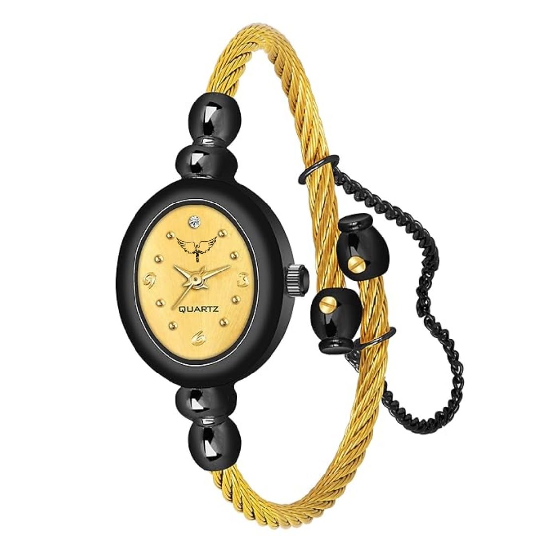 WHITE BIRDFormal Analogue Women's Watch(Gold Dial Womens Standard Gold Colored Strap)-IGP002 (Black Case Gold Strap)