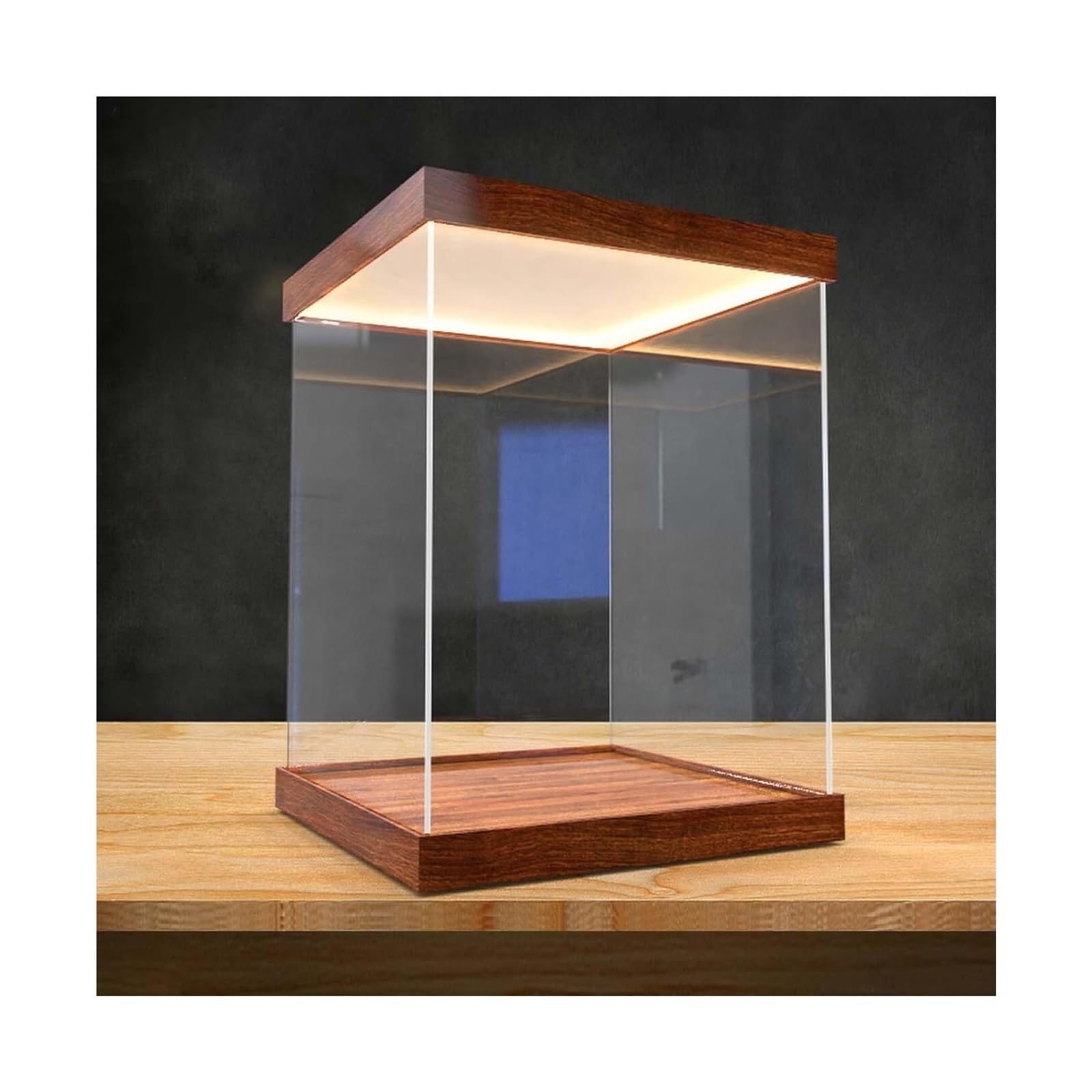 Wunilatev Perspex Clear Cases, Acrylic Display Box With 30mm Wood Base And LED Light For Collectibles Multiple Sizes(25x25x25cm(10x10x10in))