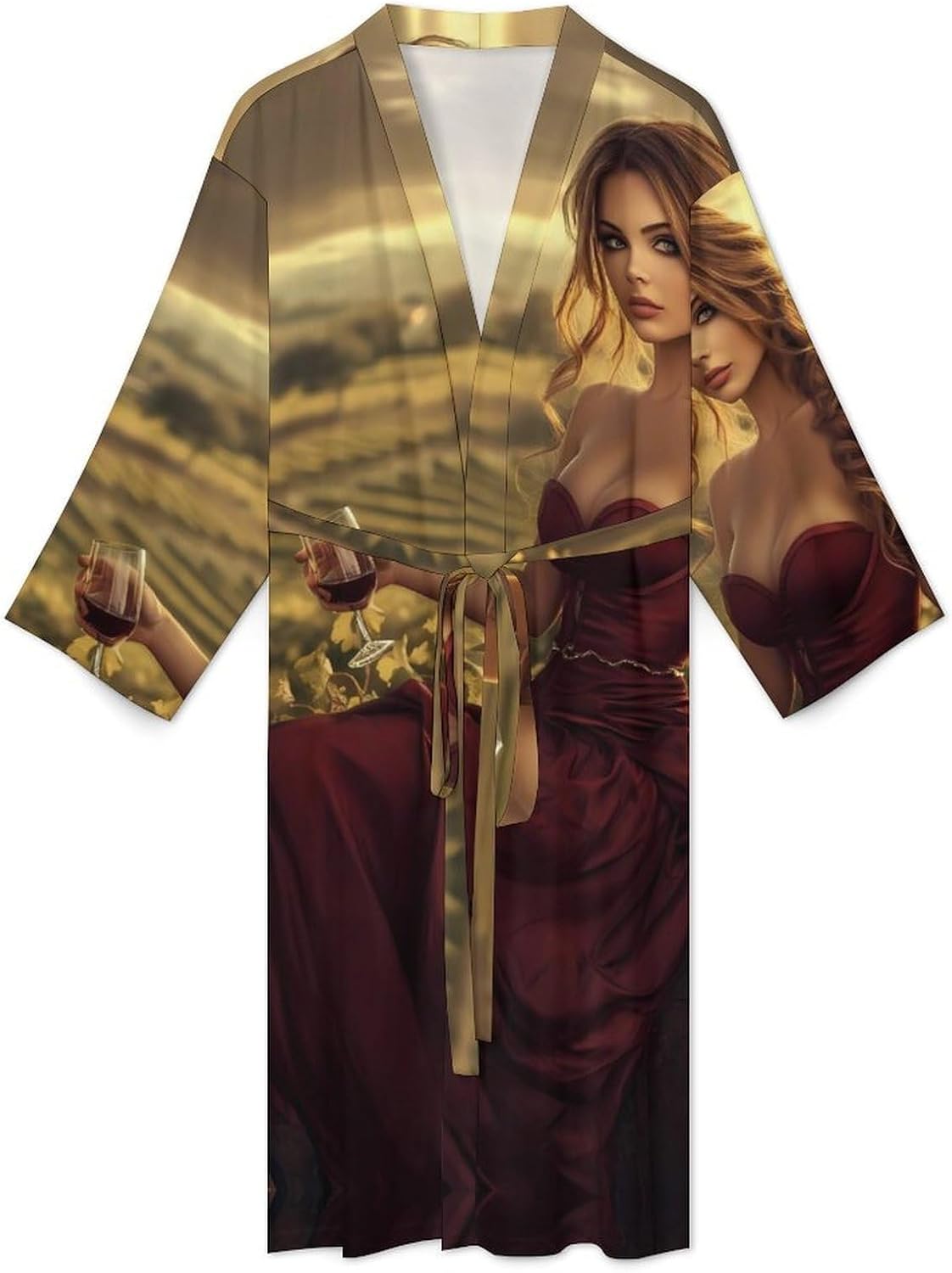 Beautiful Woman Sitting on Wine Barrel Mens Robe Long Bathrobe for Women Bath Robes Lightweight Soft Printed Sleepwear