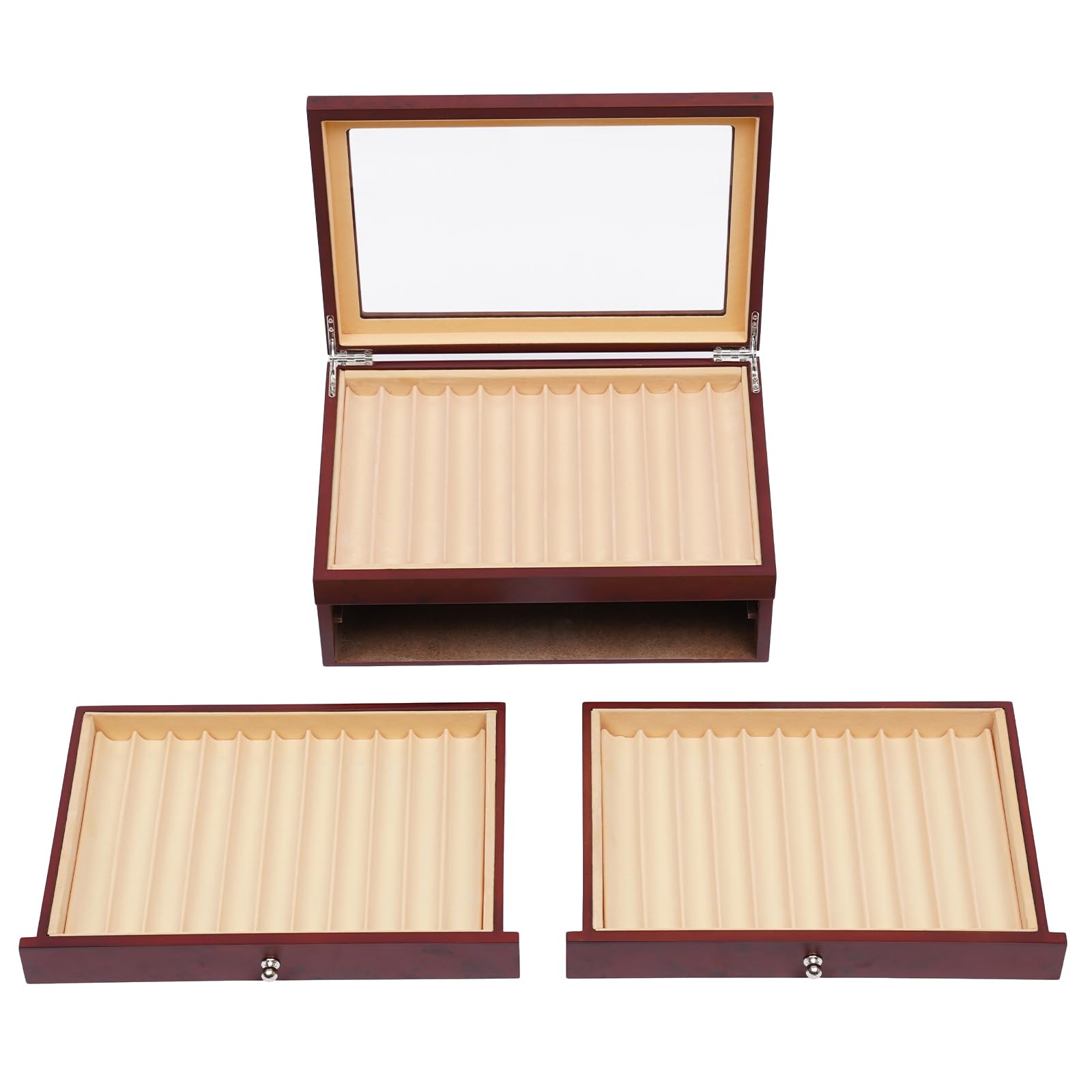34 slot portapenne, scatola per display con parte superiore trasparente, vetrina a tre livelli, contenitore portapenne, scatola portaoggetti, in legno, 31 x 21 x 12,5 cm, rosso