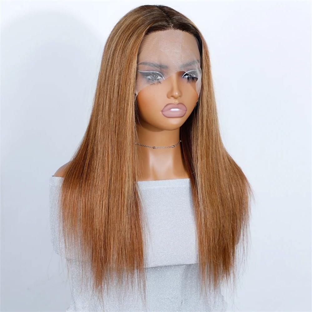 Koronkowa peruka Remy bez kleju, gładkie włosy jasnobrązowe z blond refleksami, 13x4x1 T, dla kobiet przedłużanie włosów (24 cale)