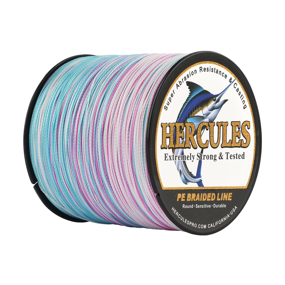 HERCULES Braided Fishing Line 4 Strands - 40LB, 2187YDS, Pastel Tricolor
