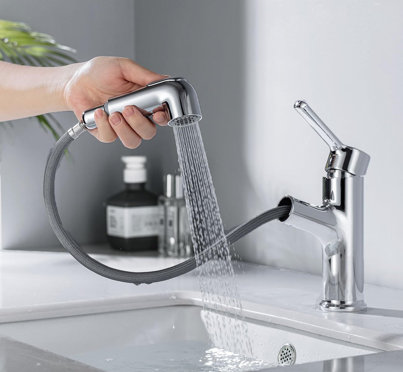 ONECE Rubinetto Bagno Lavabo con Doccetta Estraibile, 2 Modalità Getto, Miscelatore Monocomando in Ottone Cromato, Aeratore Rimovibile, Rubinetti Acqua Calda e Fredda