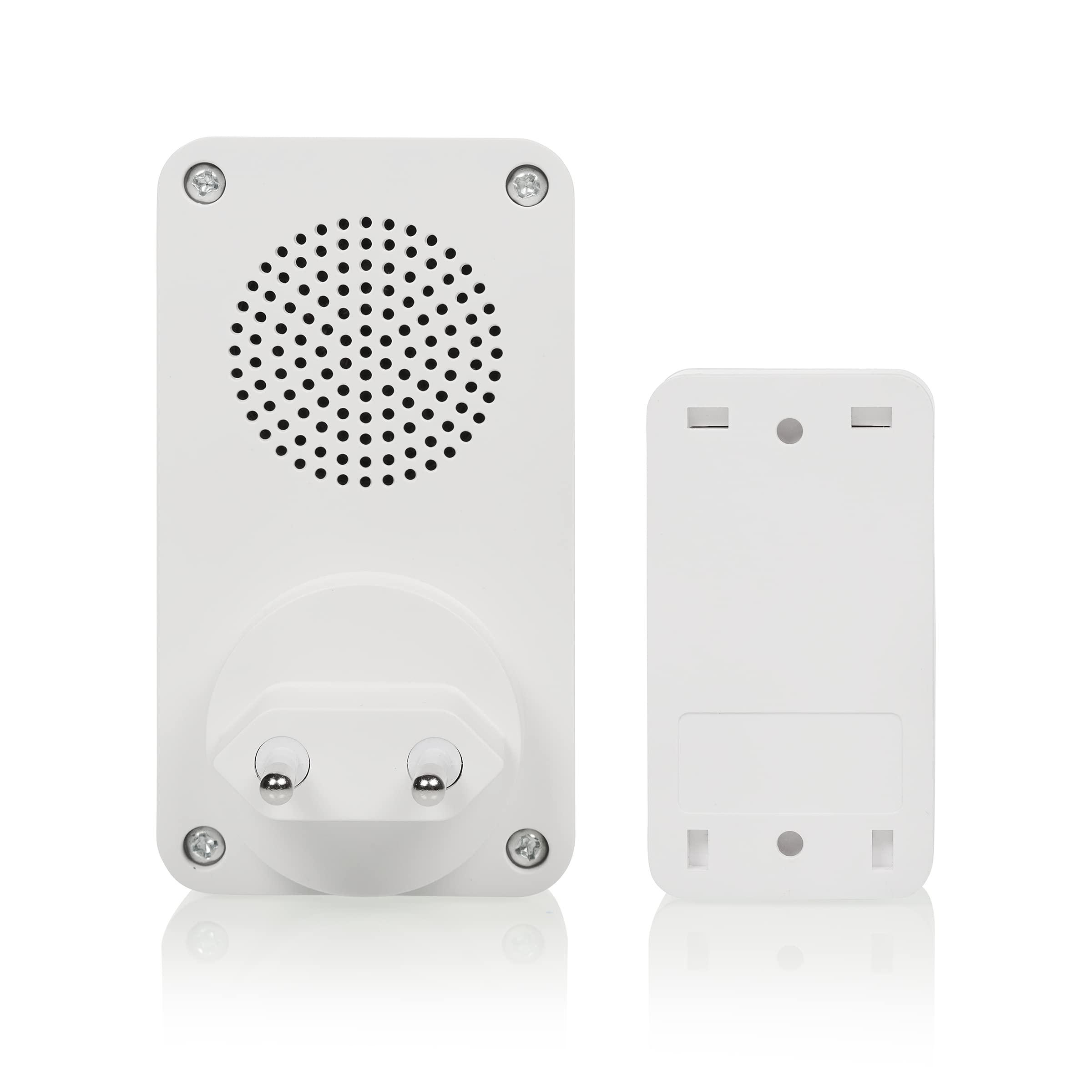 Back view of the Byron DBY-23442 doorbell receiver with its two-pin plug and the kinetic push button, showing mounting points.