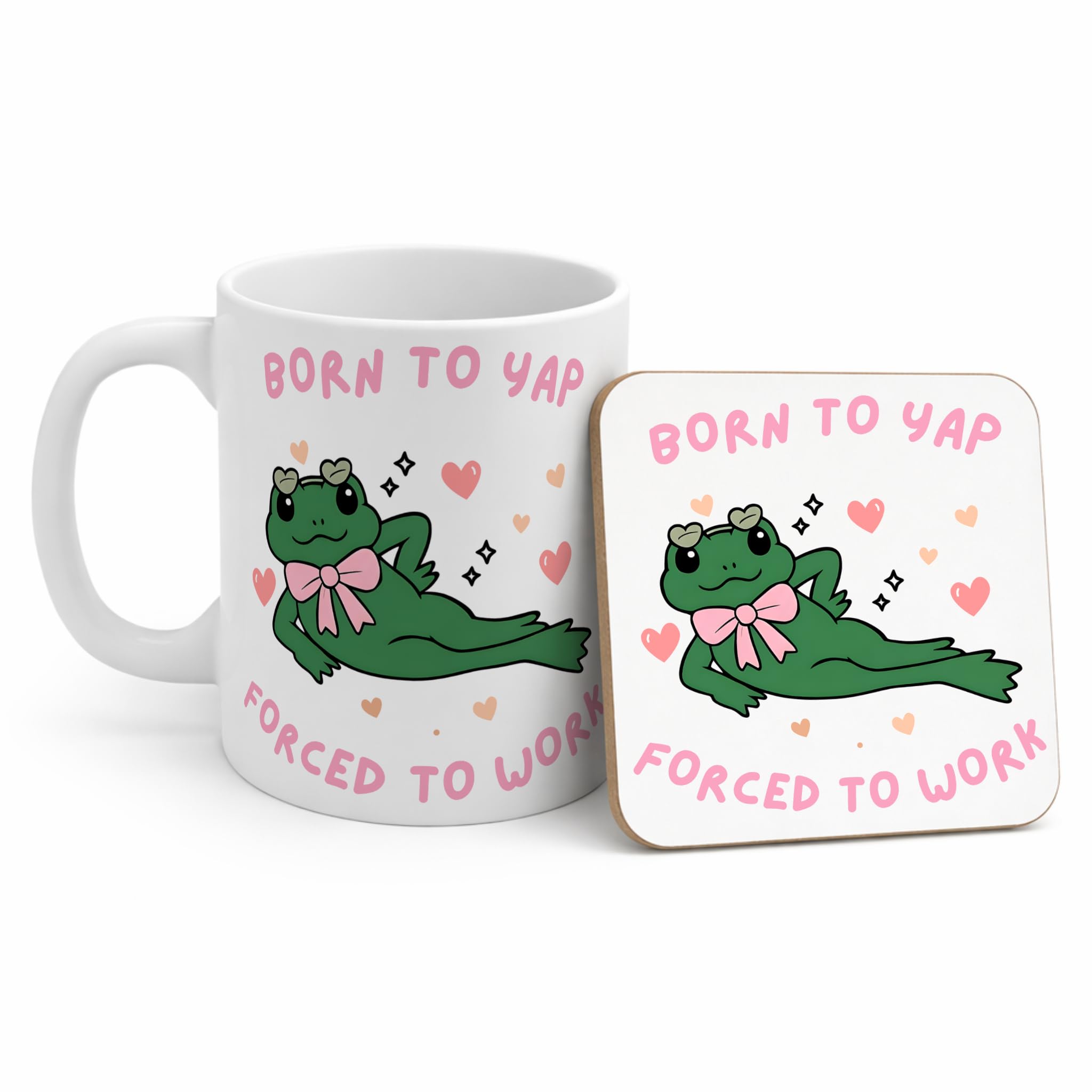 Funny Born to Yap Forced to Work Mug, Frog Meme Coffee Cup, TikTok Viral Mug, Cute Pink Just A Girl Gift, Humour Work Mug for Women, Coworker Office Gift (11oz White, Mug & Coaster Set)