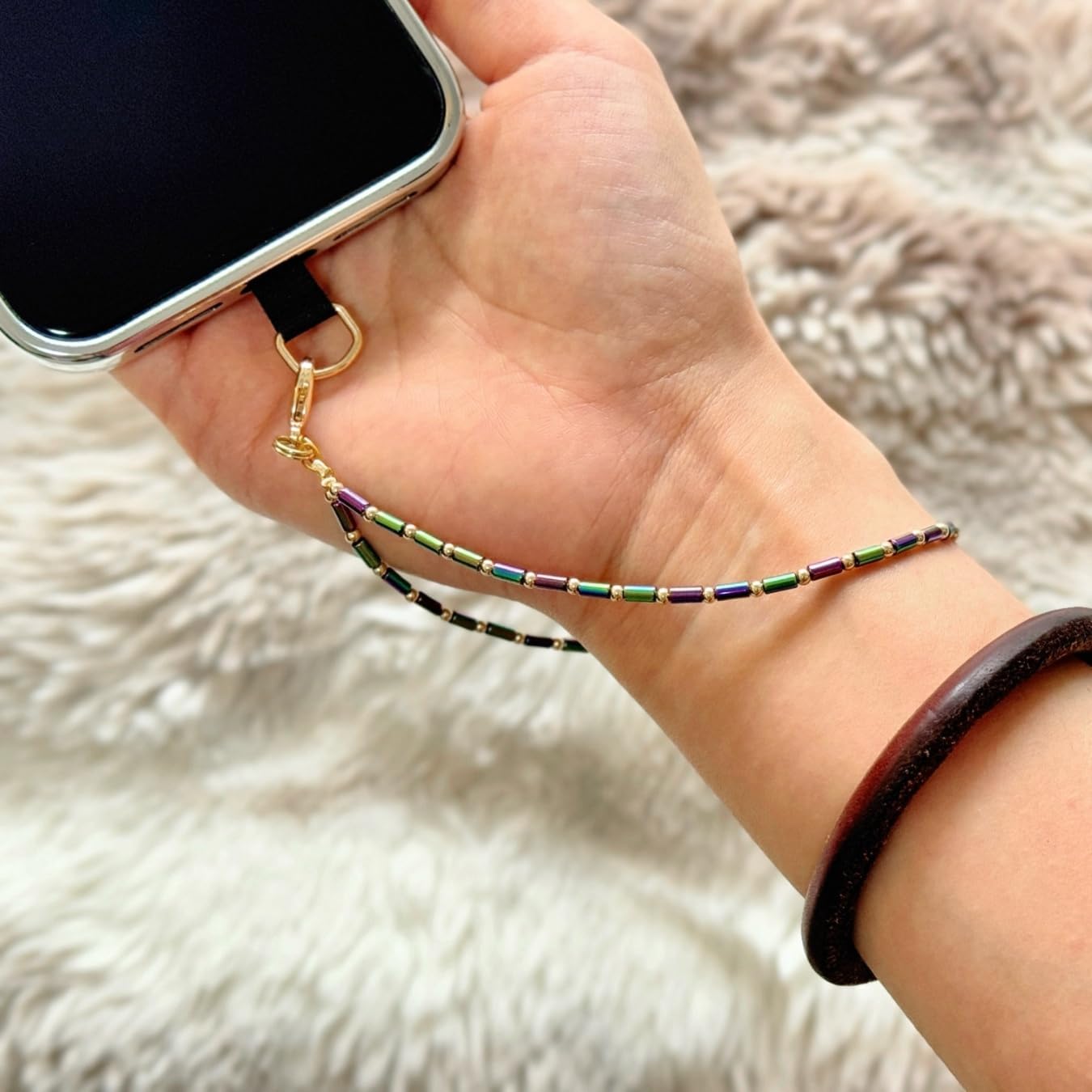 Cell Phone Charm Beaded Phone Charms Beaded Bracelet Hand Strap Tiny Beads Chains Wrist Lanyard Wristlet Cylinder Bead Charm (Gloss Green/Purple) - Image 3