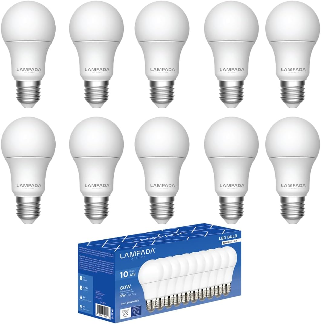 Lampada Non Dimmable LED A19 Light Bulb, 60W Equivalent, 5000K Daylight White, 15,000 Hour Lifetime 800 Lumens, E26 Medium Base, 9W Consumption, Pack of 10