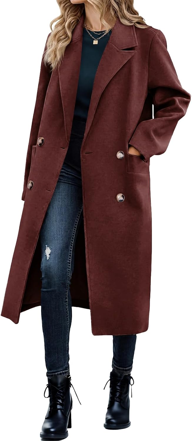 Saodimallsu Womens Winter Double Breasted Pea Coats Long Trench Coat Casual Work Office Overcoat with Pocket