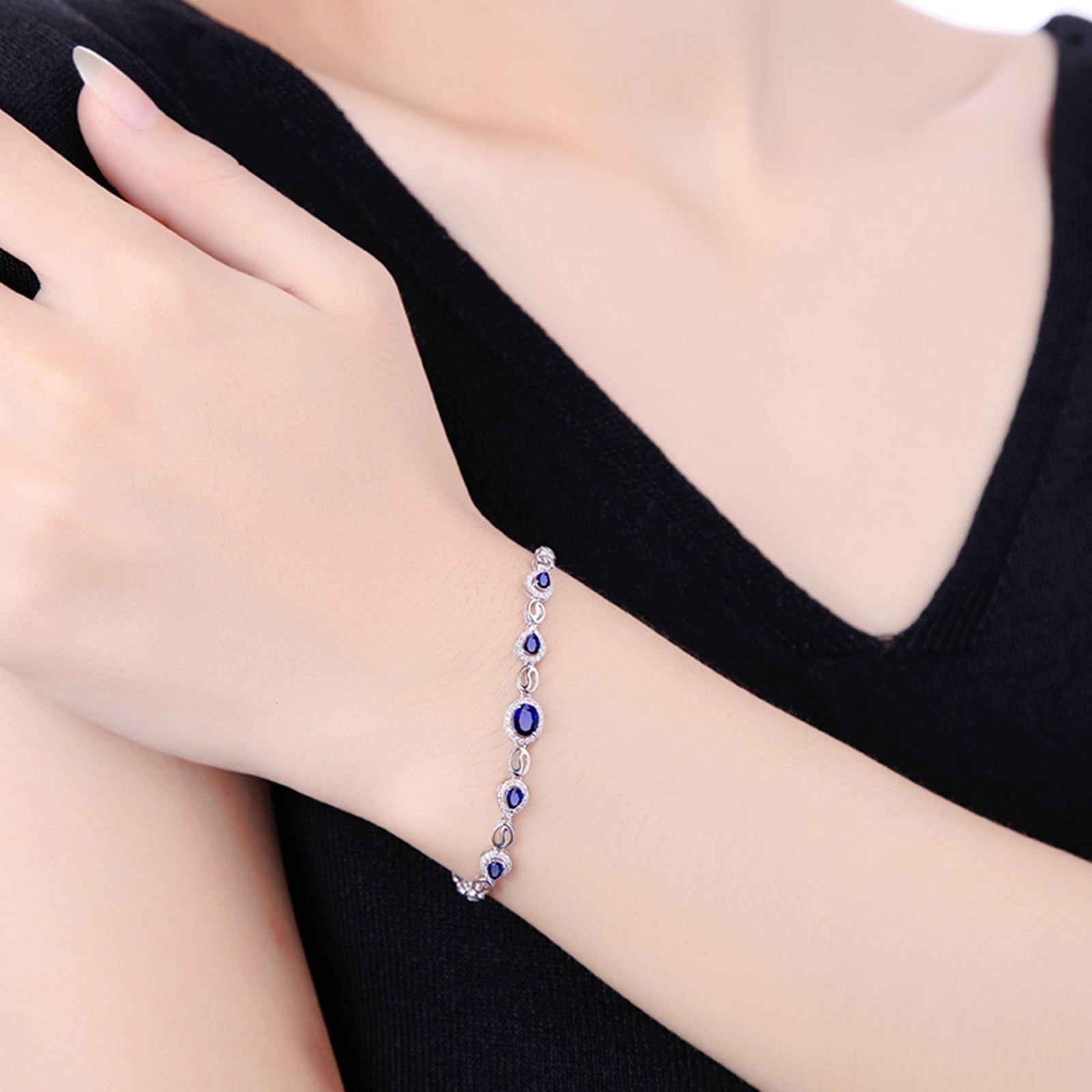 Bracciale Oro Bianco 750/585/375 Donna, Bracciale Zaffiro Donna 1.09ct 16-18 cm Estensione 4 cm con Diamante, Braccialetto Sposa Matrimonio