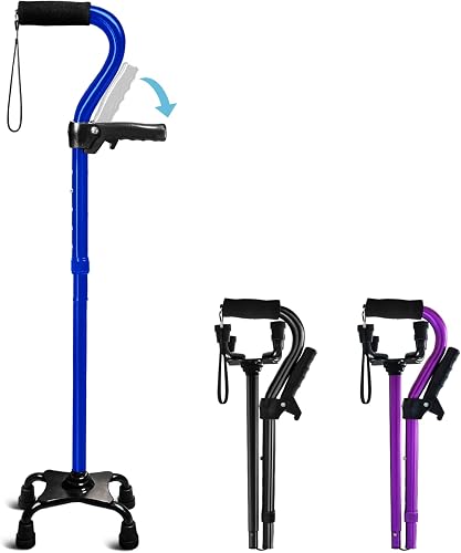 KingPavonini Quad Cane for Seniors, Foldable Adjustable Walking Cane with 4-Prong Base and Dual Handles