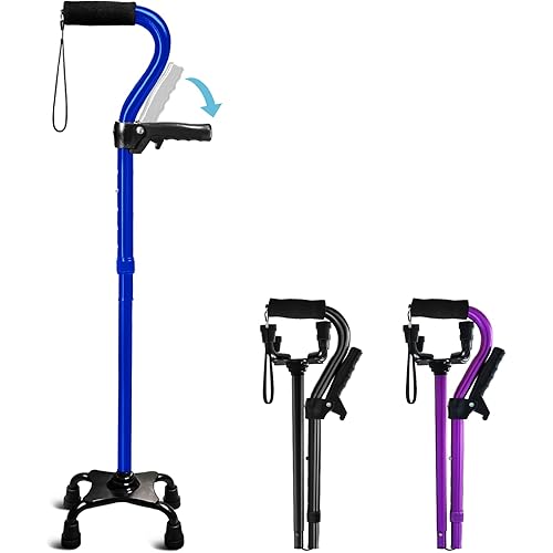 Adjustable Walking Cane for Men & Women with 4-Pronged Base for Extra Stability - Foldable Cane for Seniors with Foam Padded Offset Handle for Soft Grip & a Second Handle for Standing