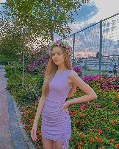 Image of BTFBM Women Sleeveless Bodycon Ruched Short Dress Side Drawstring Solid Crew Neck Casual Summer Tank Shirt Mini Dresses