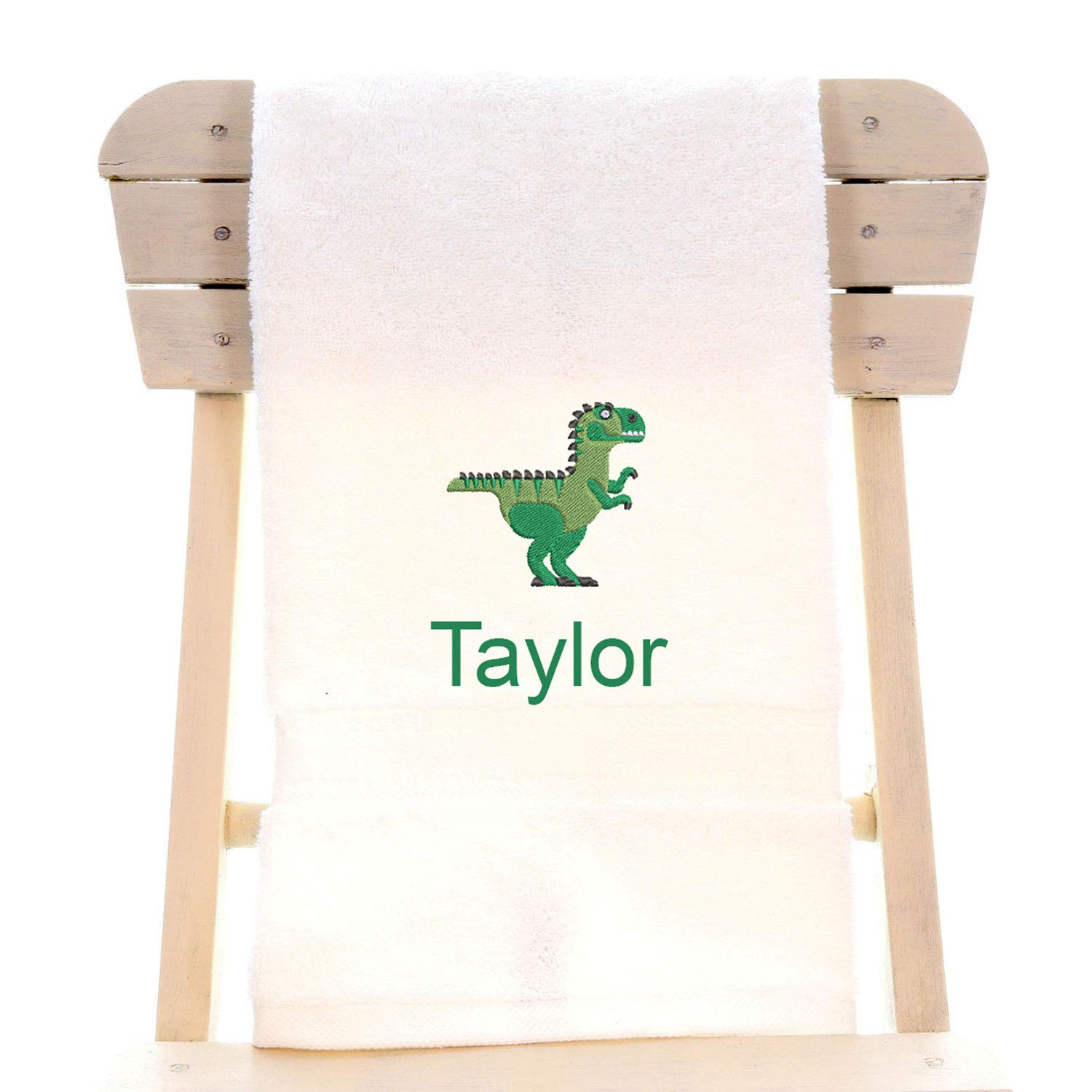 aztex Personalised Children's 100% Cotton Bath Towel with Dinosaur Logo & Name, 550gsm, 70cm x 130cm - White