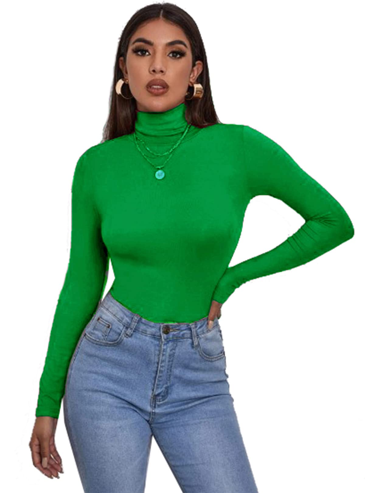 Zaif & Hari® Women's Polo Roll Neck Long Sleeve Turtle Neck Jumper - Ladies Plain Mockneck Casual Top (Jade Green,