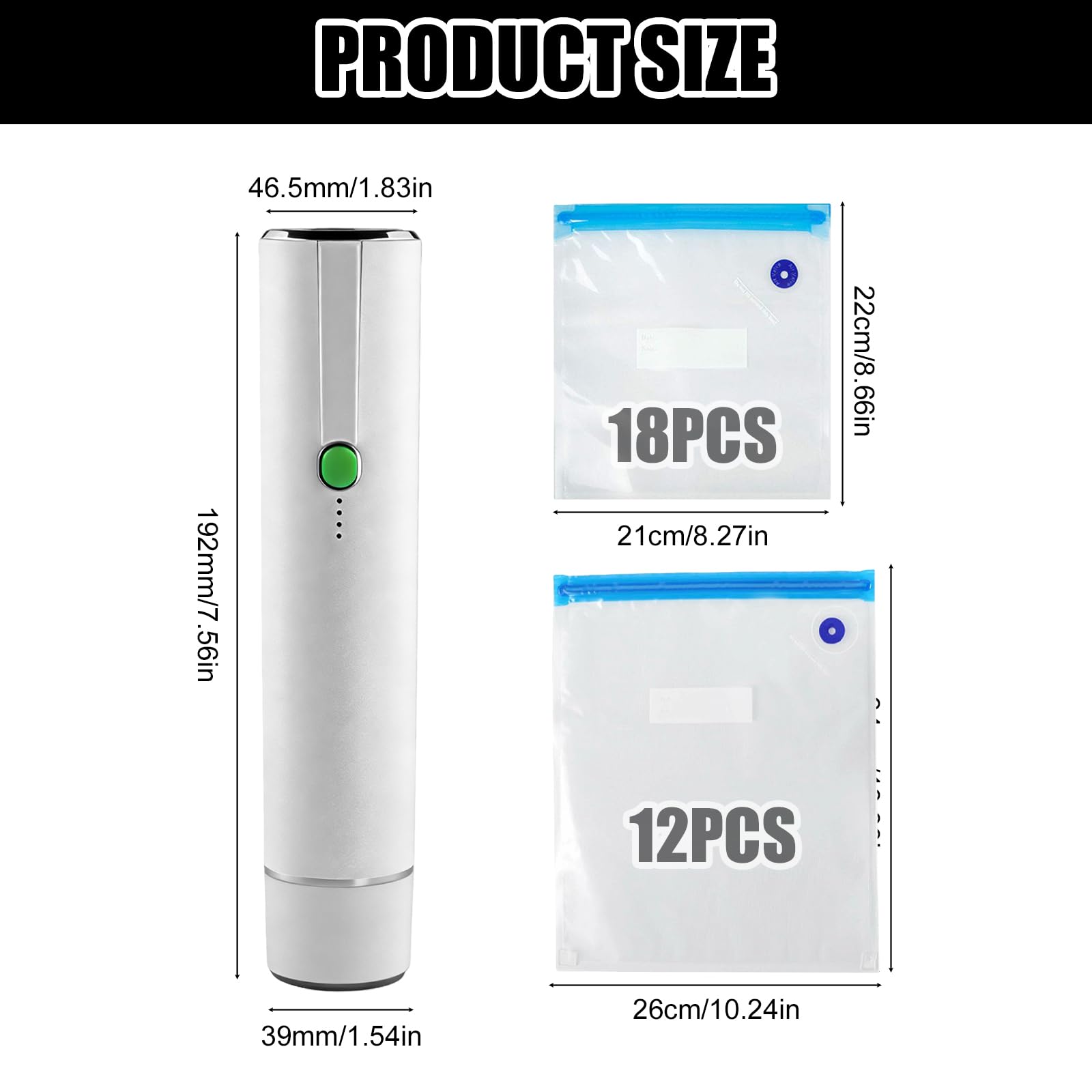 Envasadora al vacío portátil para alimentos con 30 bolsas de vacío, batería de 1200 mAh, puerto de carga tipo C, ABS, 55 – 65 kPa fuerza de succión, sellado fresco con solo pulsar un botón