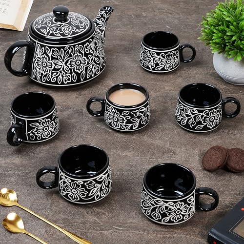 Image of CRAF10 Ceramic Hand Painted with Brush Black Desire Tea Morning Set - 1 Kettle (1 Litre) & 6 Cups (160 ML) | Microwave & Dishwasher Safe | Teapot | Tea Sets with Kettle for Gifting