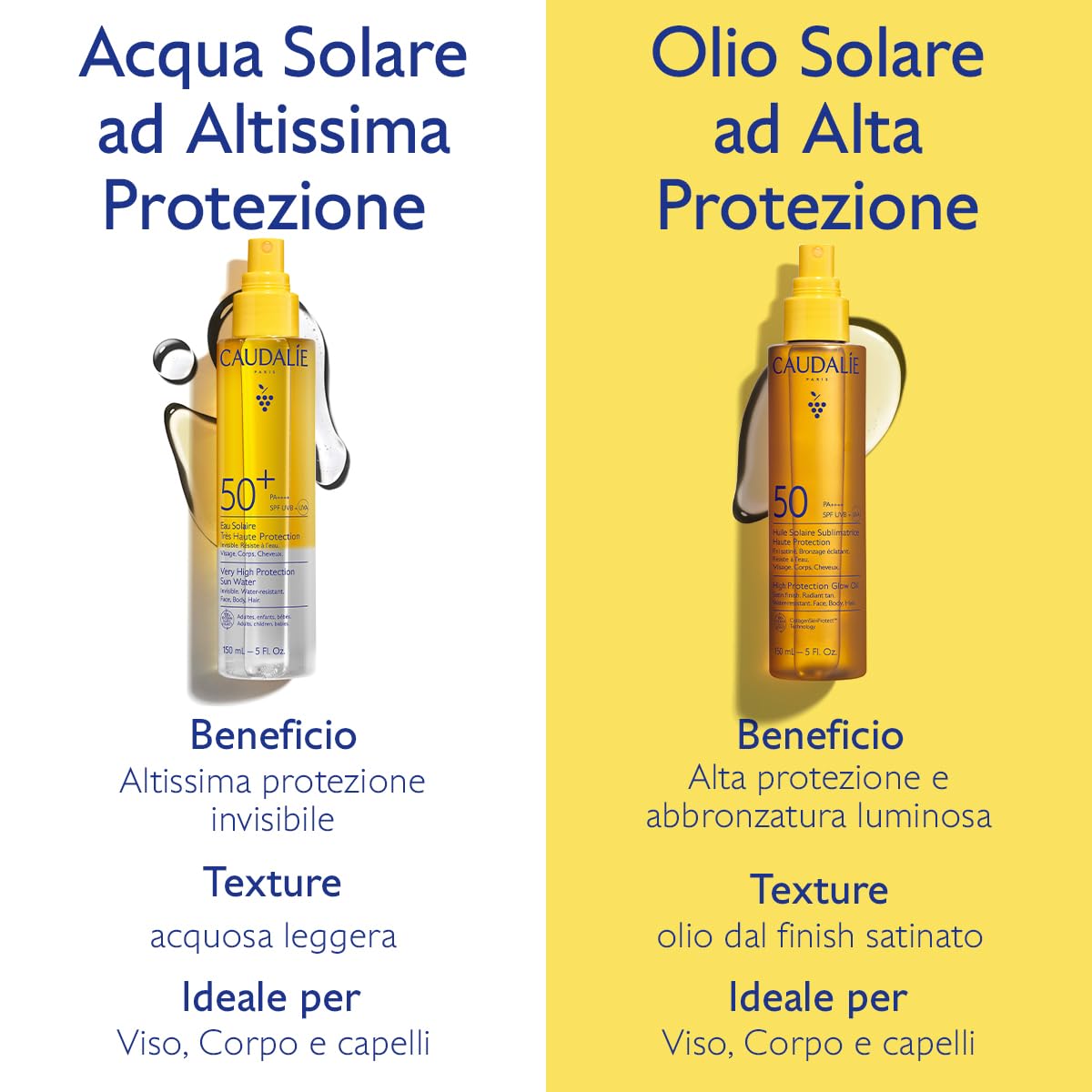 Caudalie Acqua Solare ad Altissima Protezione SPF50+ – CollagenSkinProtect™, Filtri Solari Organici, Viso Corpo e Capelli, Resistente all'Acqua, Vegano, PA++++, 150 mL