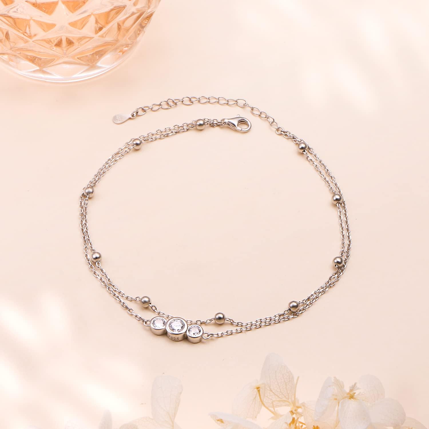 Flyow Anklet for Women S925 Sterling Silver Adjustable Foot Beaded Heart Charm Ankle Bracelet Anklets Jewelry - Image 2