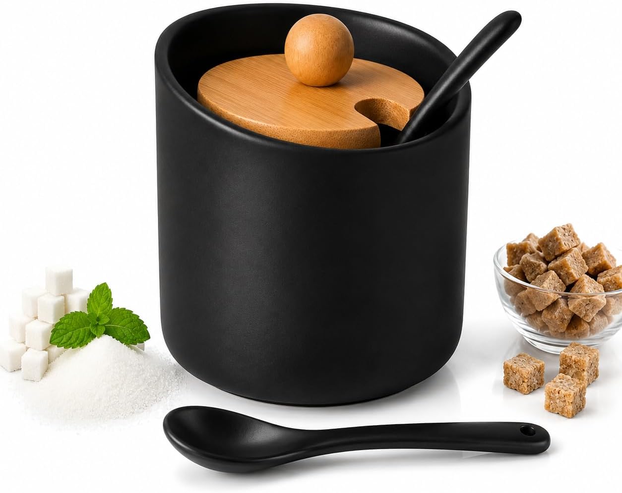 OMAGO® Cukiernica porcelanowa z łyżeczką i pokrywką – czarny pojemnik na cukier, elegancka cukierniczka do serwowania kawy i herbaty na co dzień oraz na przyjęcia