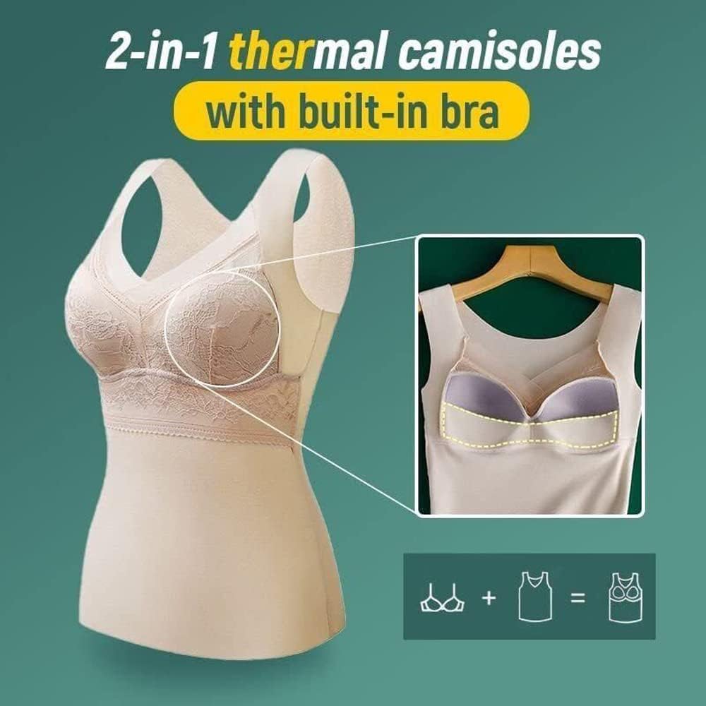 BH Hemdchen Ohne BüGel Warme Thermo Underwear Cests Unterhemd Hemd Damen Mit Cups, Thermohemd Tanktops Frauen, Top Mit Integriertem BH, ThermounterwäSche V-Ausschnitt Tank Top