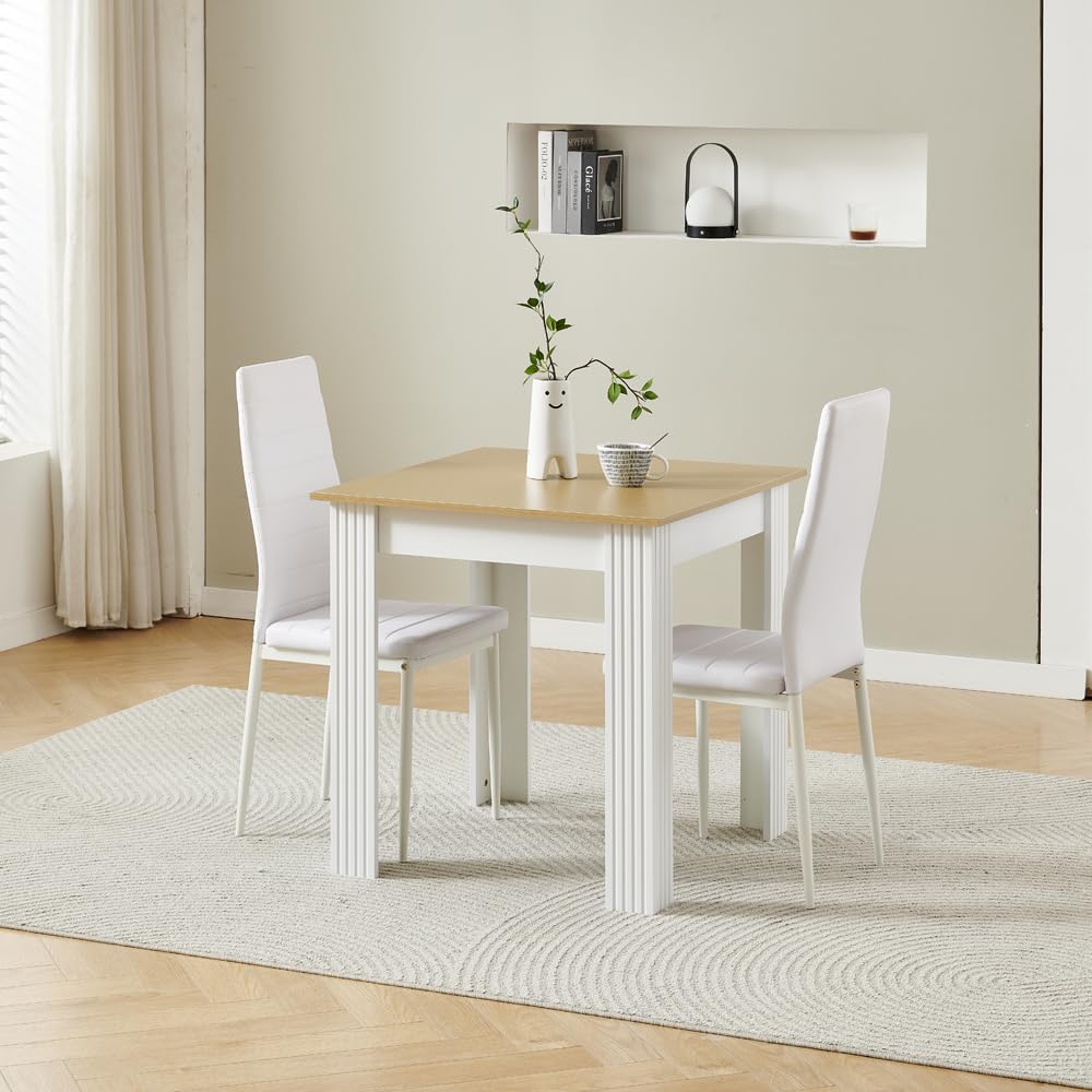 Homullel 75x75 cm Small Dining Table and 2 Chairs, 2 Seater Table and Chairs Set Kitchen Dining Room Set for 2, Compact, Space Saving, Wooden Tabletop Maple (2 Seats, Faux Leather Eggshell White)