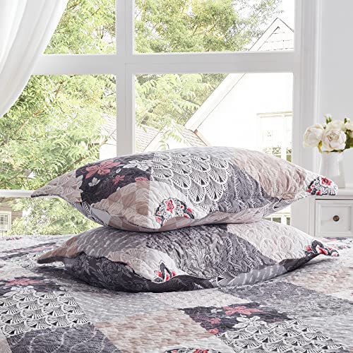 King Size Quilt Set 3 Pieces Lightweight Reversible Bedspread-98''x106'' Soft Patchwork Floral Coverlet Luxurious Warm Microfiber Bed Cover All Seasons Gray Bedding Set(1 Quilt,2 Pillow Shams) by LEAONME - Used condition - Image 6