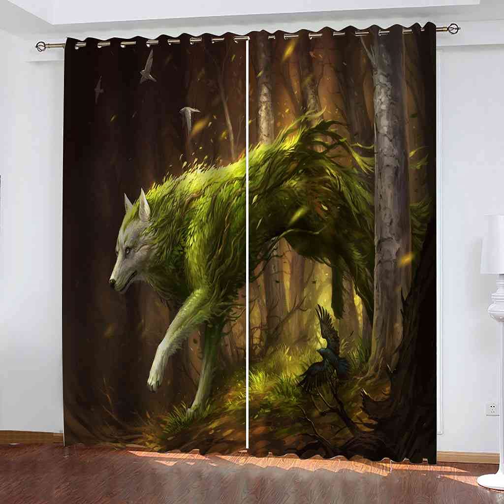 Rideaux occultant loup vert forêt pour transformer votre salon en havre de paix