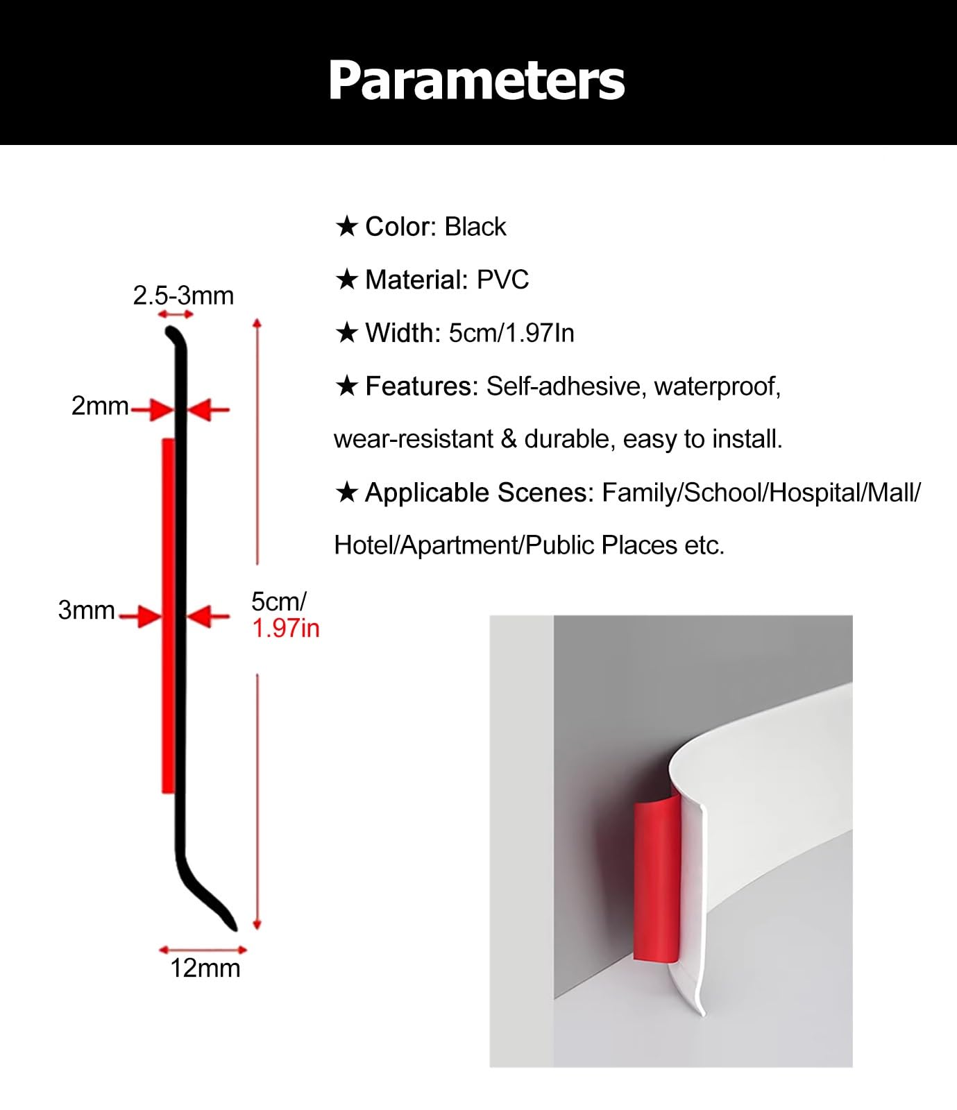 Battiscopa Modanatura per battiscopa con base a muro in PVC impermeabile nero per ufficio domestico, Modanatura per base a muro autoadesiva flessibile con design stacca e incolla, facile da installare