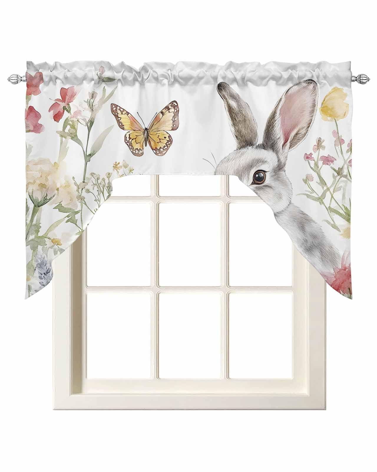 Spring Bunny Easter Curtain Valance for Window, Farmhouse Swag Curtains, Butterfly Flower Watercolor Valance for Kitchen Bathroom Bedroom, Rod Pocket