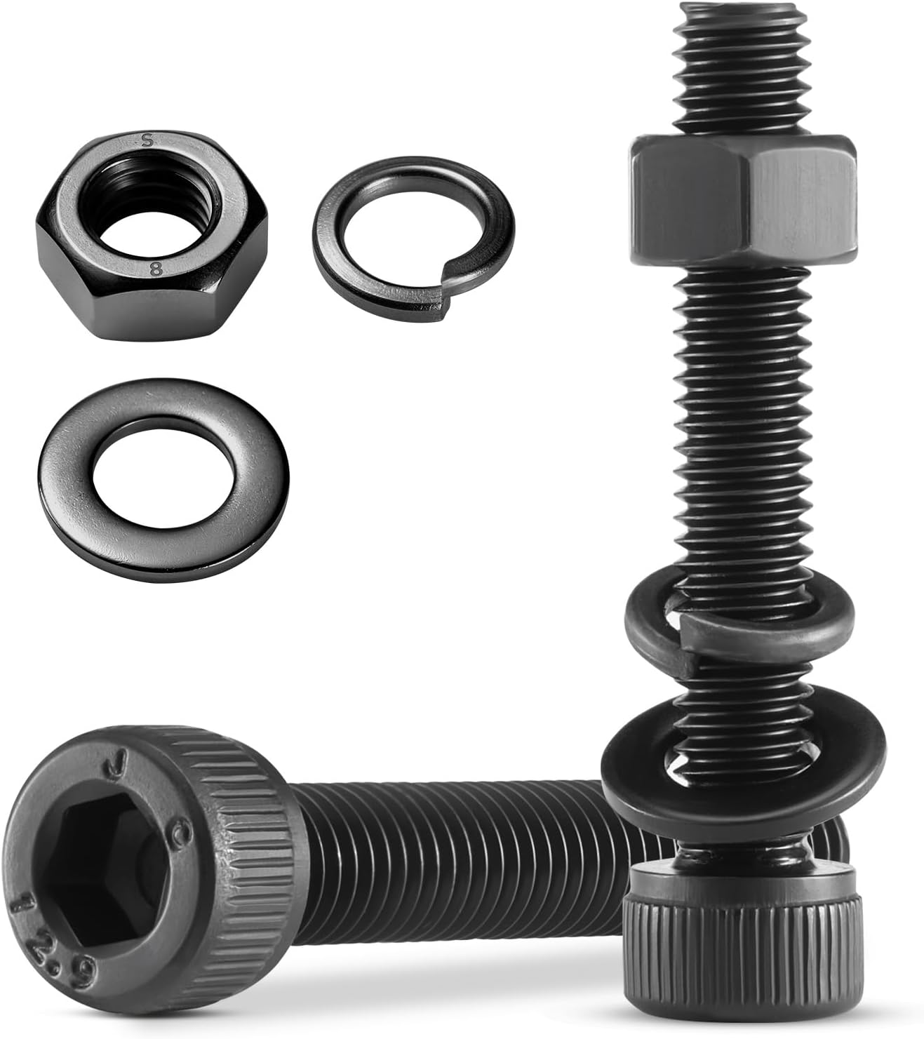 (60 Sets) M5 x 30mm Hex Socket Head Cap Screws Bolts and Nuts, Flat & Lock Washers Kits, 12.9 Grade Alloy Steel, Allen Socket Drive,Black Oxide Finish, Full Threads,with Hex Spanner