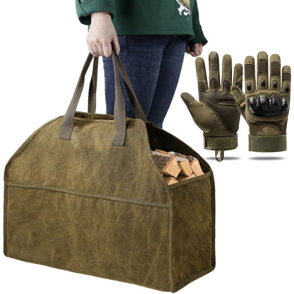 Borsa di Stoccaggio in Legno con Robusto Maniglie, Cesta Portatile Legna Sacca Pieghevole da Camino con Guanto, per Camini Stufe a Legna da Ardere Tronchi Campeggio Spiagge,Marrone