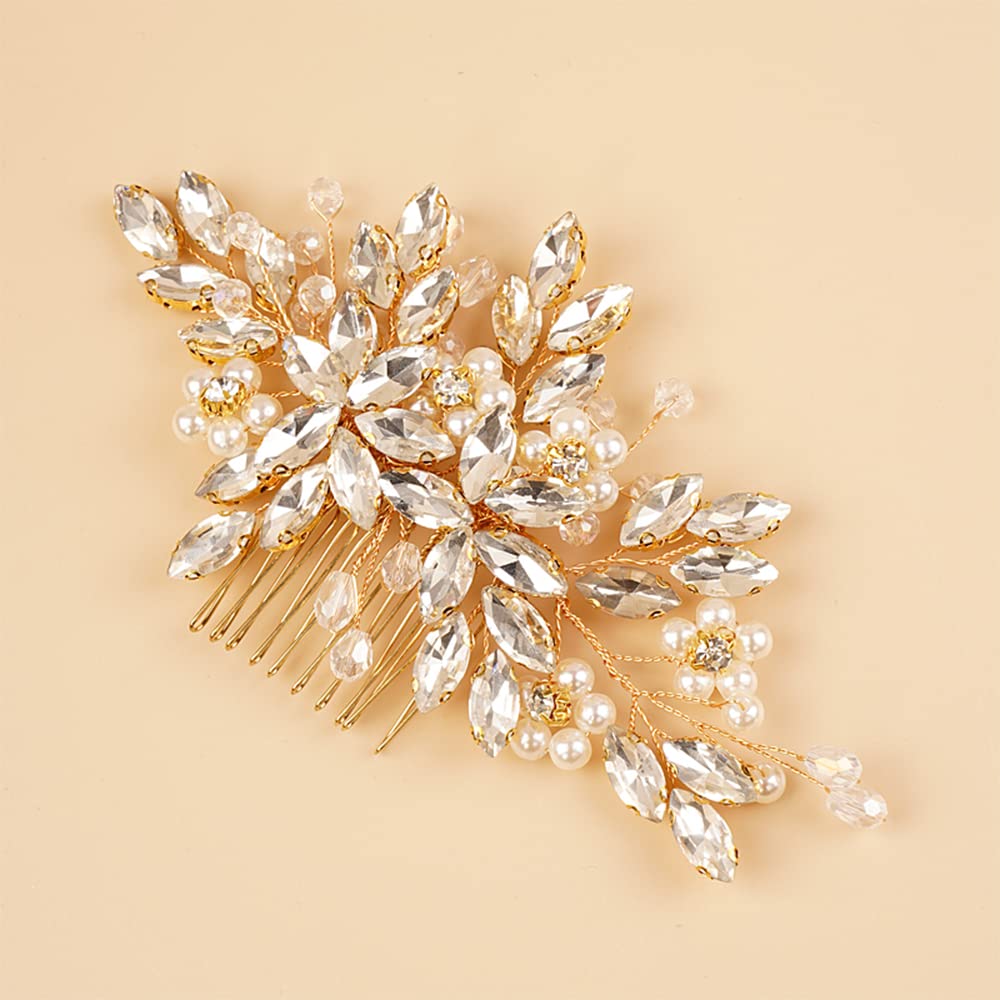 BERYUAN Pearls Rhinestone Flowers Hair Comb Teardrop Crystal Rhinestone Wedding Headband Gold Bride Headband Crystal Rhinestone Pearls Wedding Headpiece for Women Girls (GOLD) - Image 3