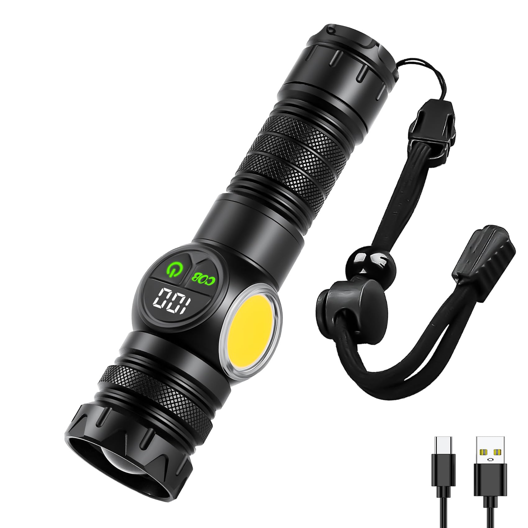 Siuyiu Black Rechargeable Torch, Torches Led Super Bright, Camping Torch With Cob Light, Usb Rechargeable Flashlights, 9 Modes Tactical Flashlight With Powerful Digital Display, Torches Battery Powered