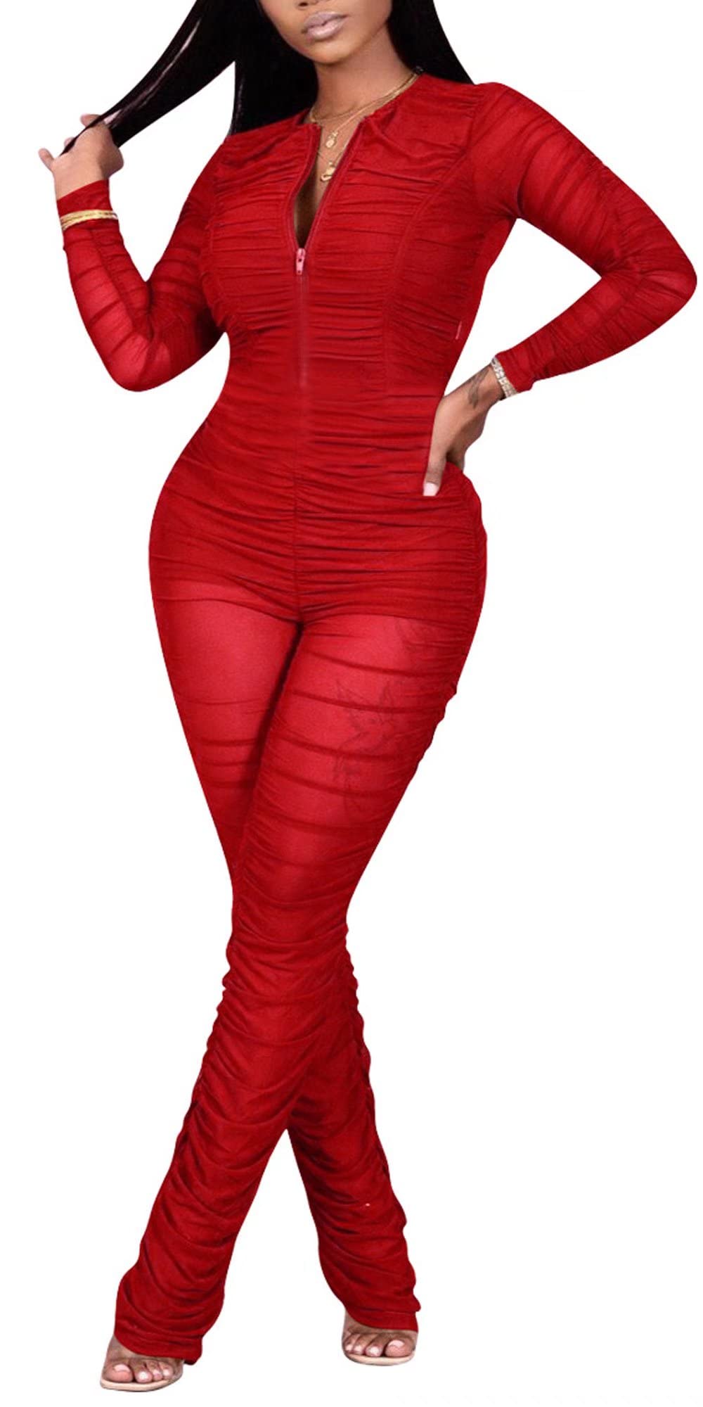 Mintsnow Sexy Mesh Patchwork Tute per le donne Elegante manica lunga fasciatura un pezzo partito lungo Body, Rosso - Impilato, Large