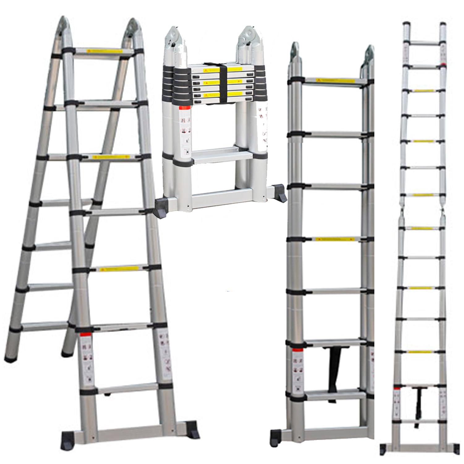 Tuffmate Silver Telescopic Ladder 5M Multi Purpose With Stabiliser, 2.4M+2.4M, A Frame Or Straight, Multi Purpose Combination Step Ladder, Extension Ladder En131 Standards