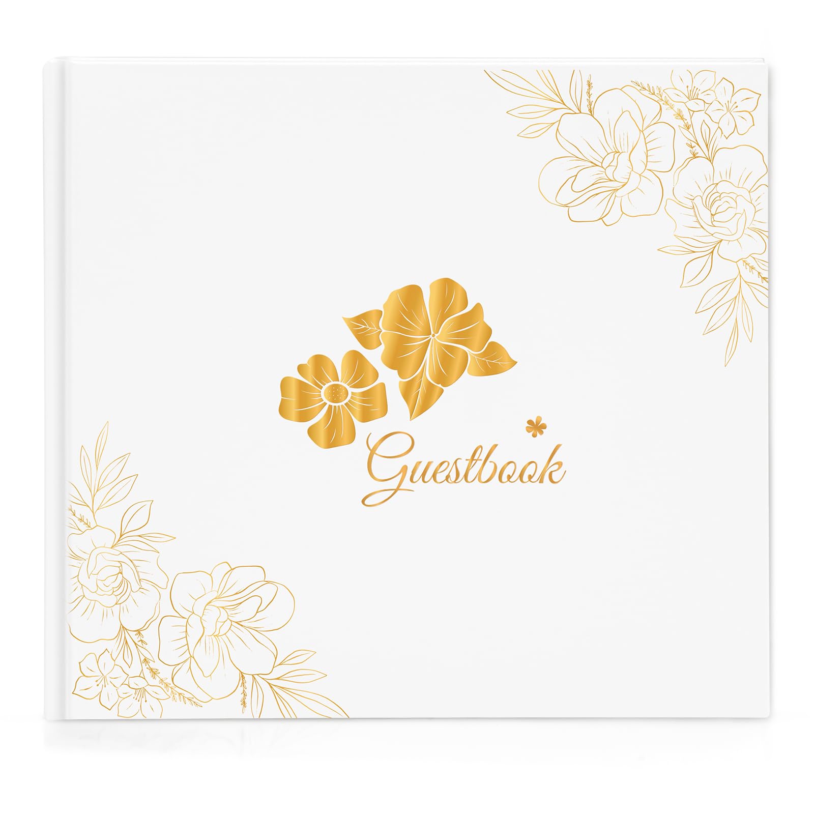 Wedding Guest Book with 40 Beautiful Stickers, 48 Double Pages, Made High Quality Thick Paper-Dimensions : 21 x 23cm, Hard Cover Guest Book for Wedding, Baby Shower, Golden Floral Pattern - White