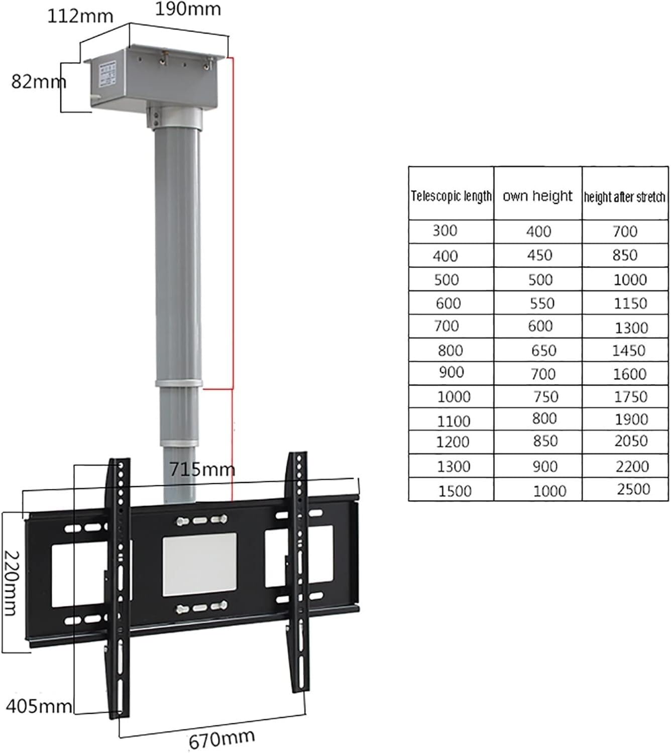 Soporte de Pared para TV, Soporte de Techo eléctrico con Control Remoto, Tapa abatible de 90°, Apto para Pantallas LED de 26 a 75 Pulgadas (1200)