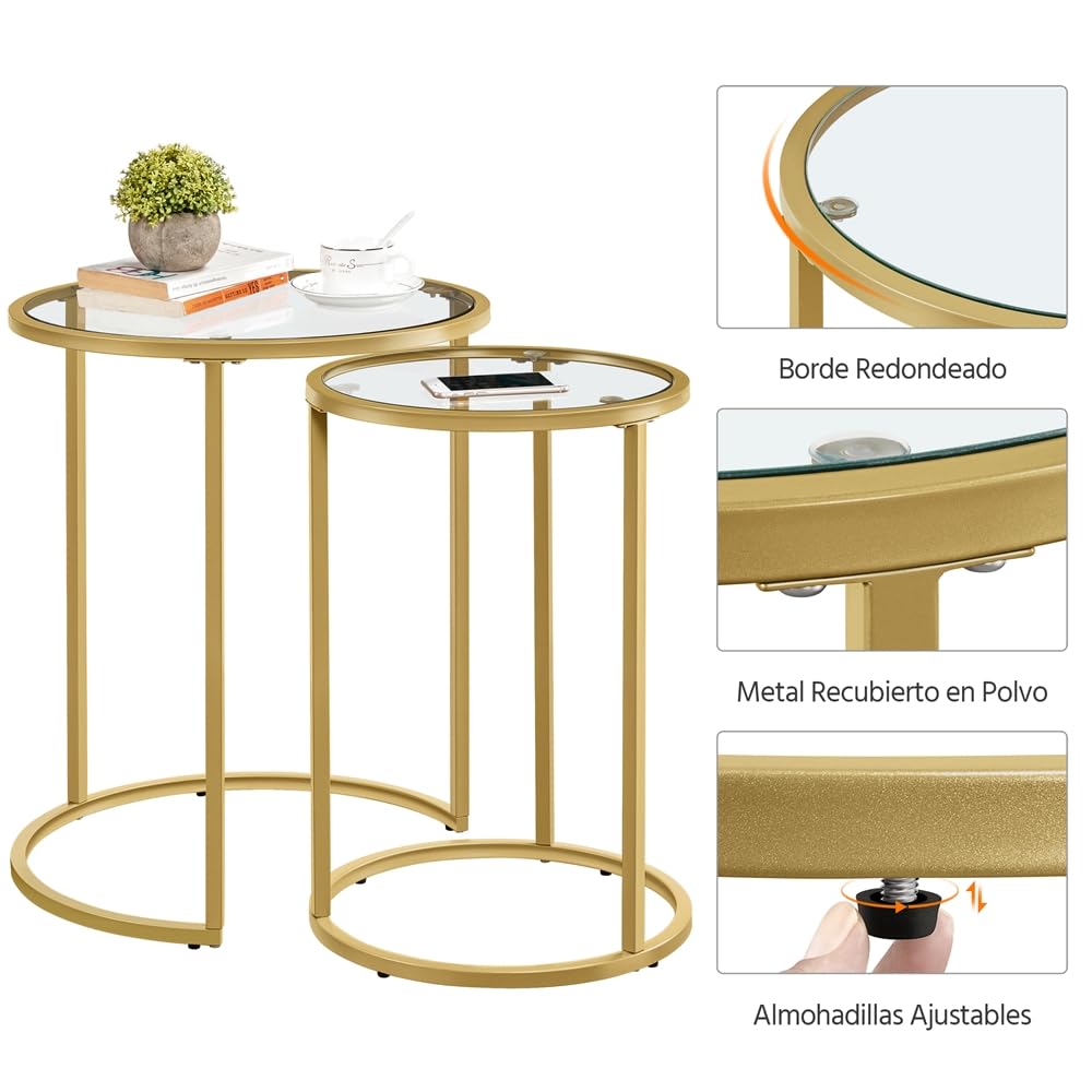 Yaheetech Juego de Mesas de Centro Redonda Mesita Auxiliar de Cristal Mesas Nido Salon con Marco de Acero Mesa de Café Apilables para Salón 49,5x49,5x59 cm